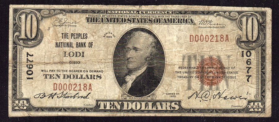 Lodi, Ohio, 1929T1 $10, Ch.#10677, Peoples National Bank, AF